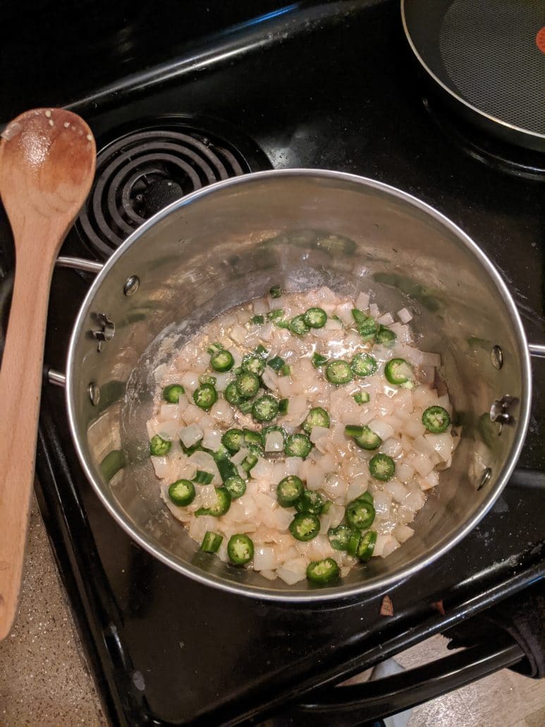 Onion, garlic, and serrano peppers.
