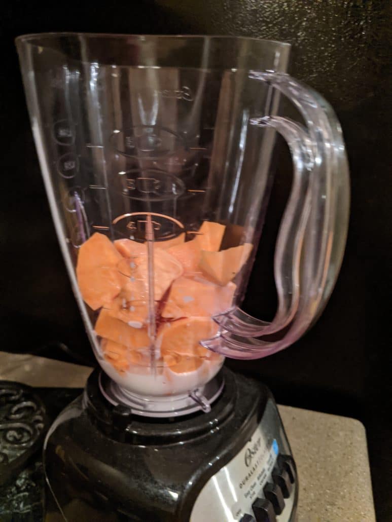Sweet Potato chunks and milk in a blender