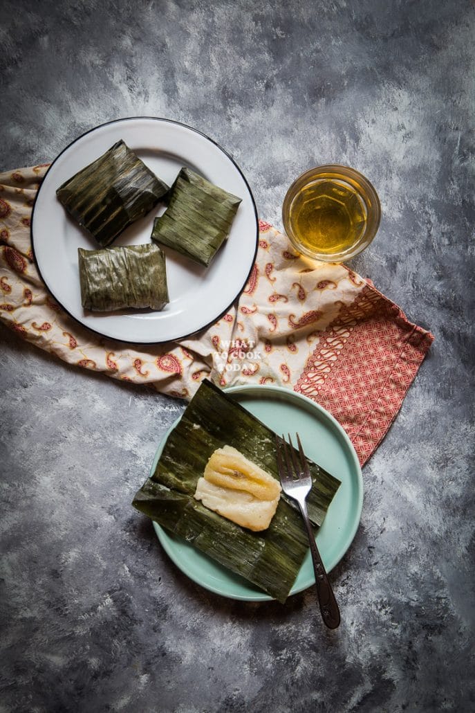Rectangular kue nagasari dumplings made with rice flour and wrapped in banana leaves
