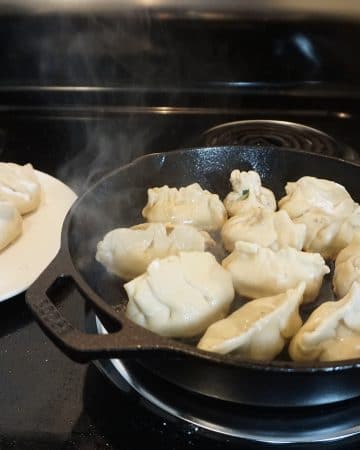 Pork dumplings in a cast iron skillet