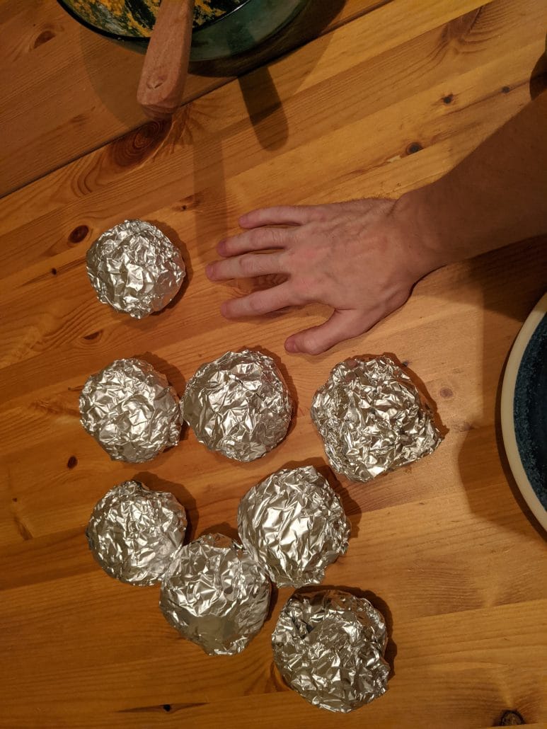 Ducana dumplings wrapped in tin foil