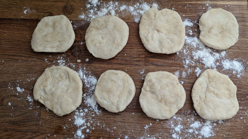 Flattened discs of tortilla dough