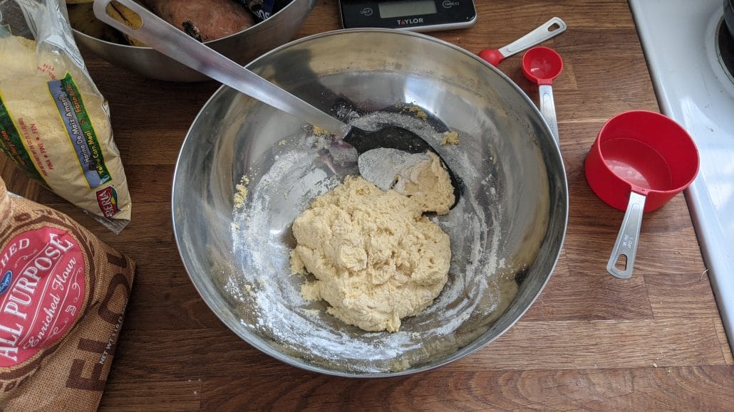 A bowl of arepa dough 